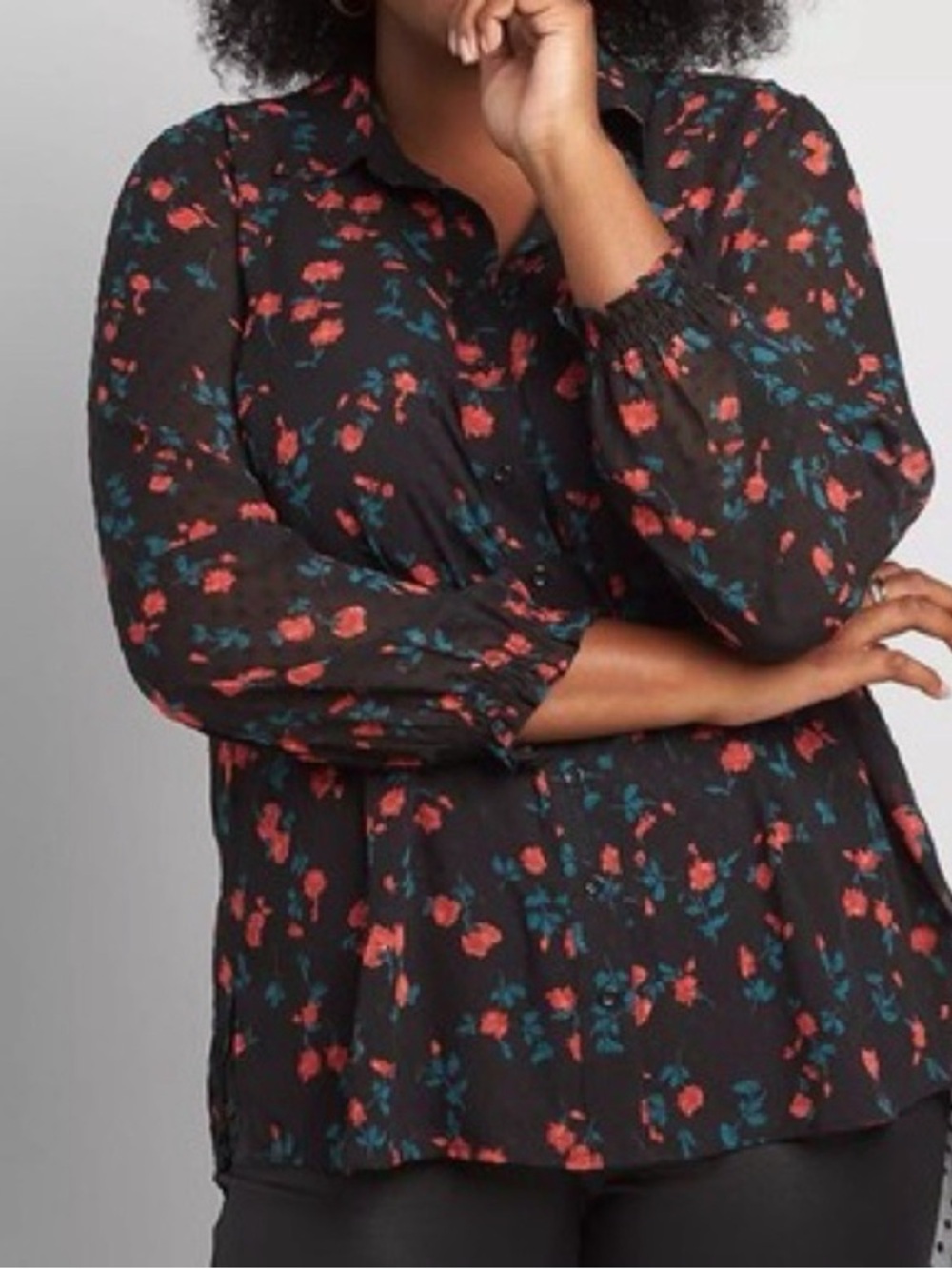 Black Sheer Floral Textured Button Up Blouse